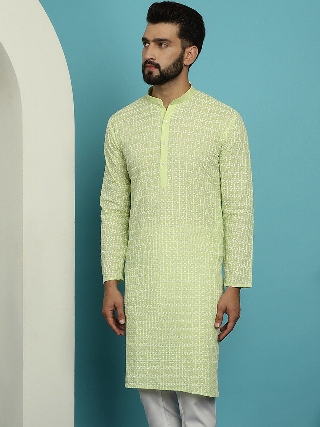 SOJANYA Kurta Kerja Benang Kapas Tulen Kolar Mandarin Geometrik