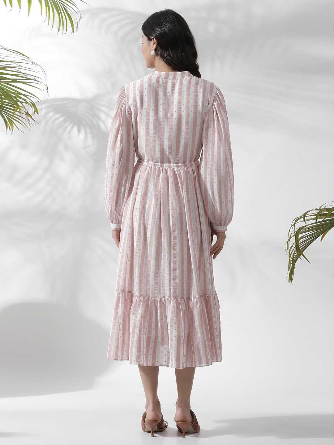 W Striped Notched Neck Puff Sleeves A-Line Opaque Midi Casual Dress