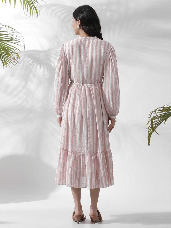 W Striped Notched Neck Puff Sleeves A-Line Opaque Midi Casual Dress