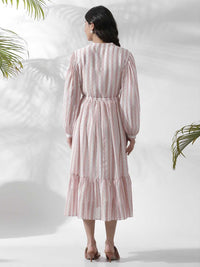W Striped Notched Neck Puff Sleeves A-Line Opaque Midi Casual Dress