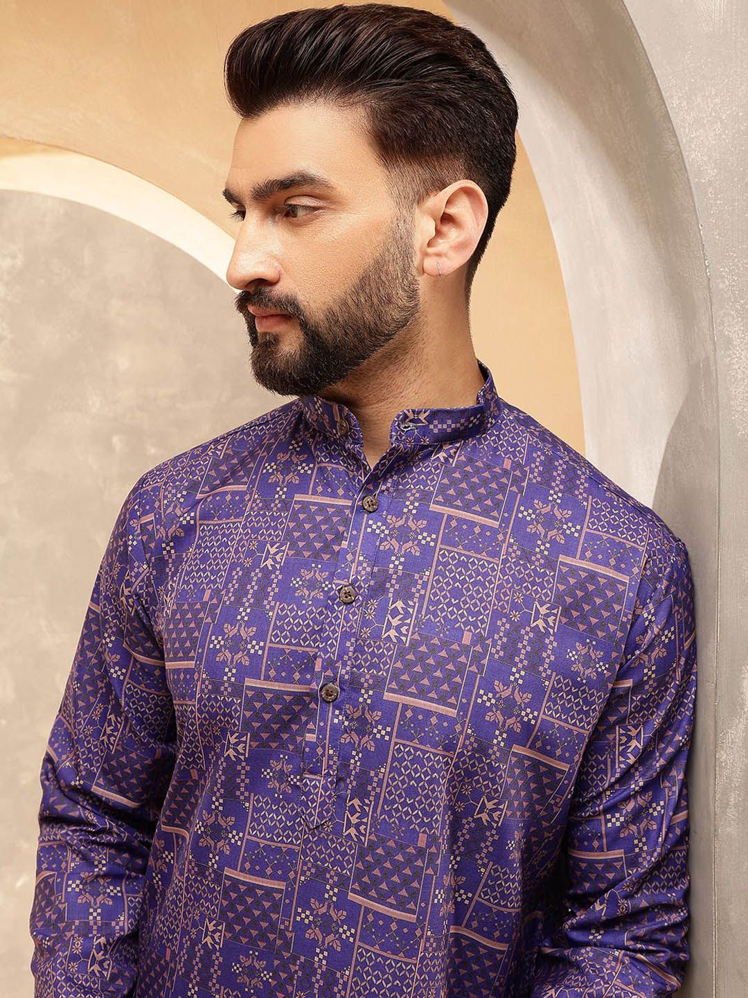 SOJANYA Motif Etnik Printed Band Collar Cotton Linen Kurta Lurus