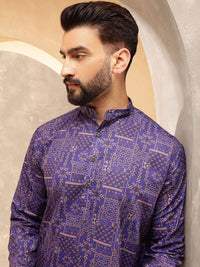 SOJANYA Motif Etnik Printed Band Collar Cotton Linen Kurta Lurus