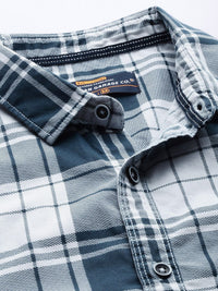 The Indian Garage Co Men White & Blue Slim Fit Checked Casual Shirt