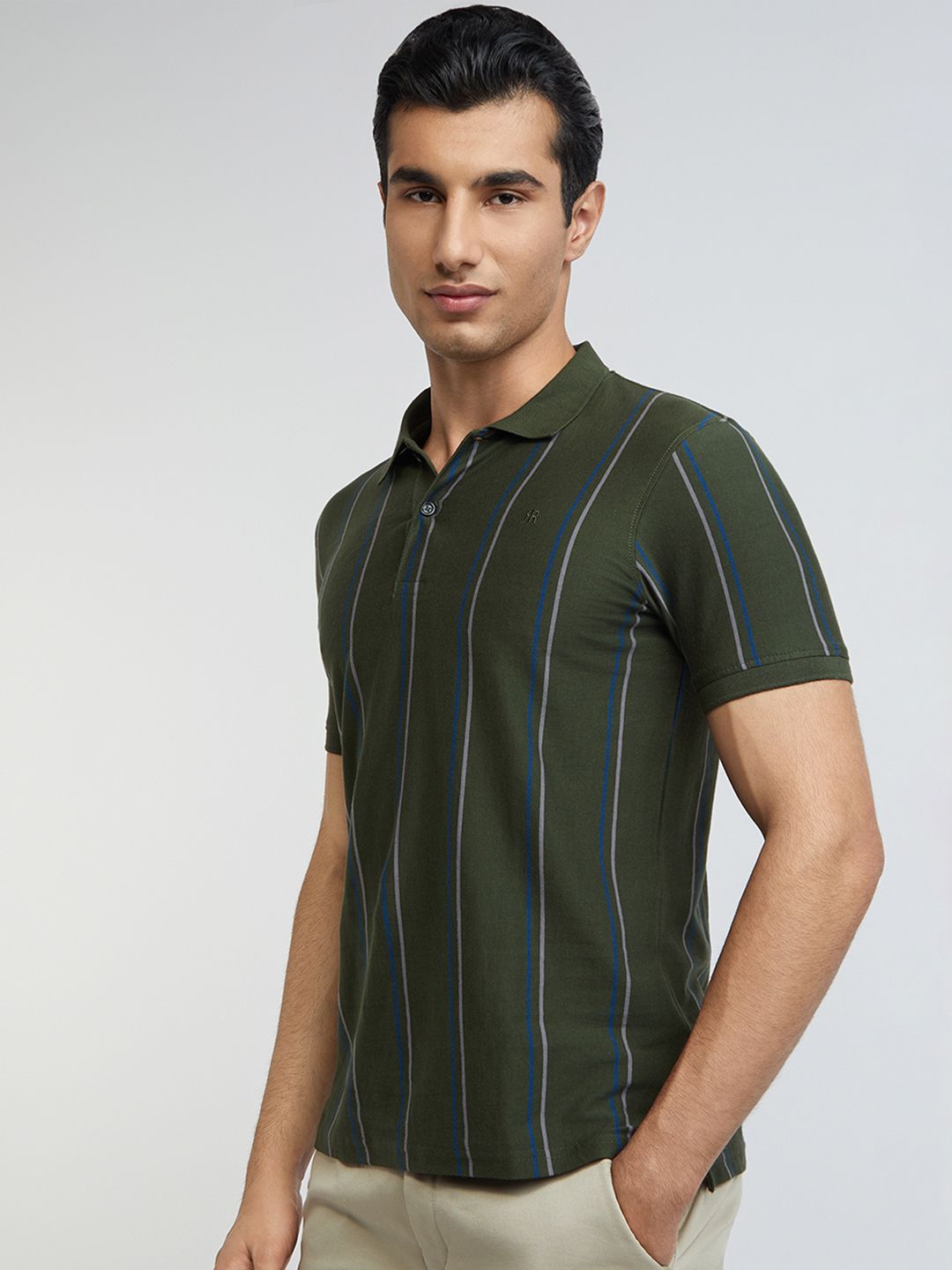 Raymond Men Green & Grey Striped Polo Collar Pure Cotton T-shirt