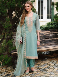 Indo Era Yoke Design Round Neck Kurta With Trousers & Dupatta