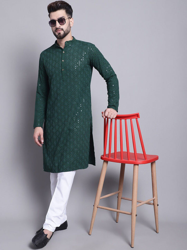 SOJANYA Turutan Sulam Geometrik Kolar Mandarin Kurta Kapas Tulen
