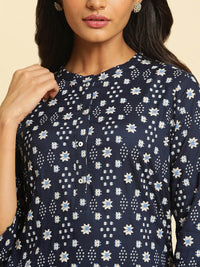 W Floral Printed Mandarin Collar Straight Kurta