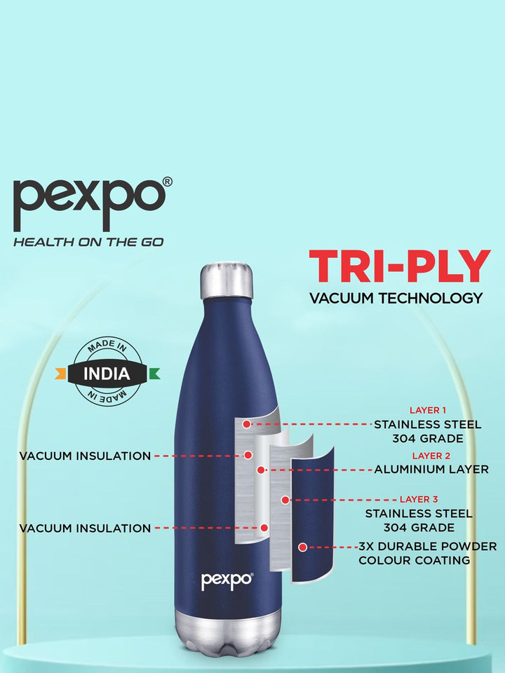 Pexpo Electro Denim Blue Thermosteel ISI Certified 24 Hrs Hot Flask Water Bottle 500ml