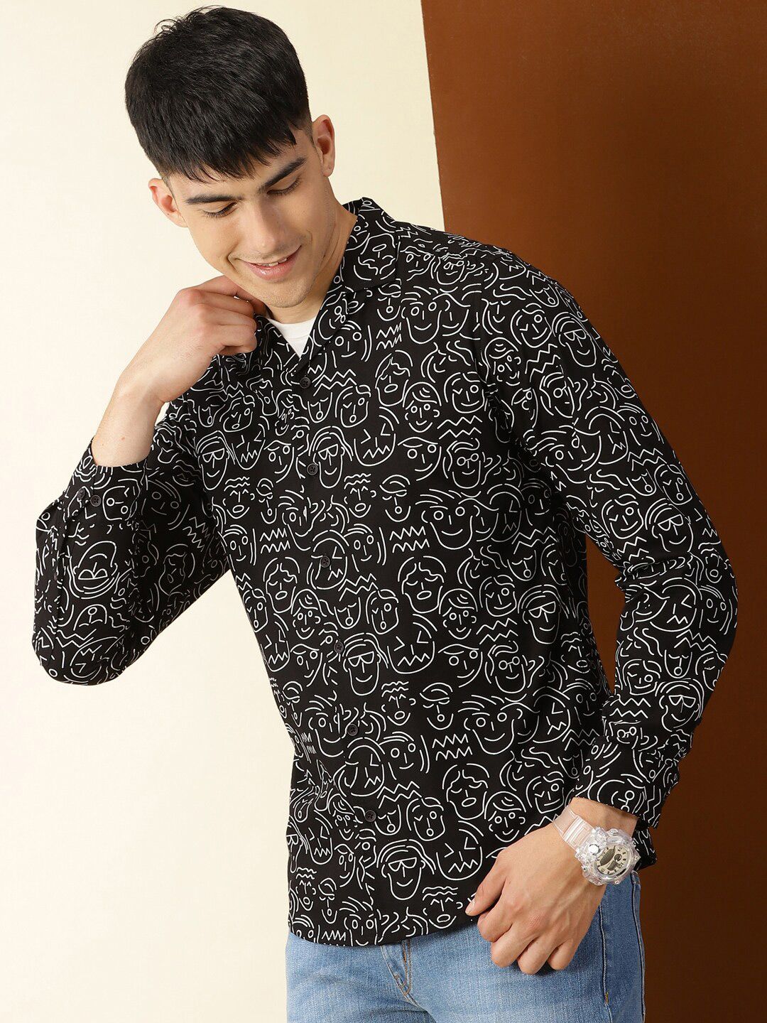 Thomas Scott Classic Conversational Printed Cuban Collar Cotton Casual Shirt