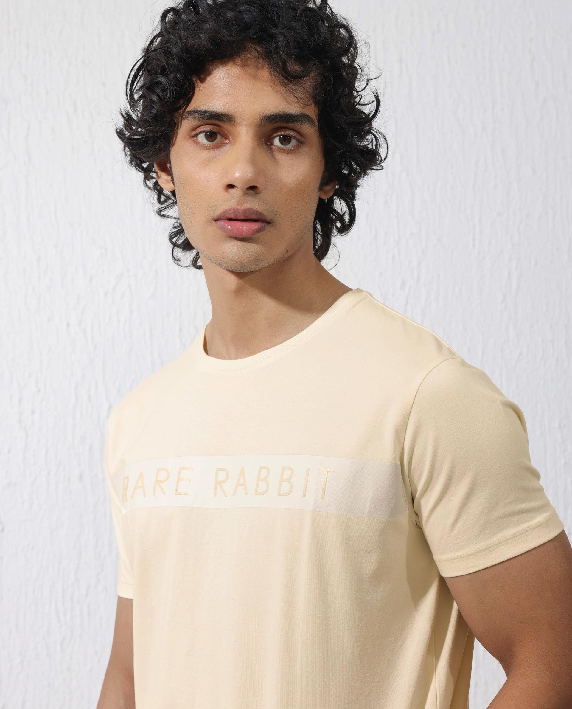 RARE RABBIT Men Eloise Round Neck Typography Printed Cotton Slim Fit T-Shirt