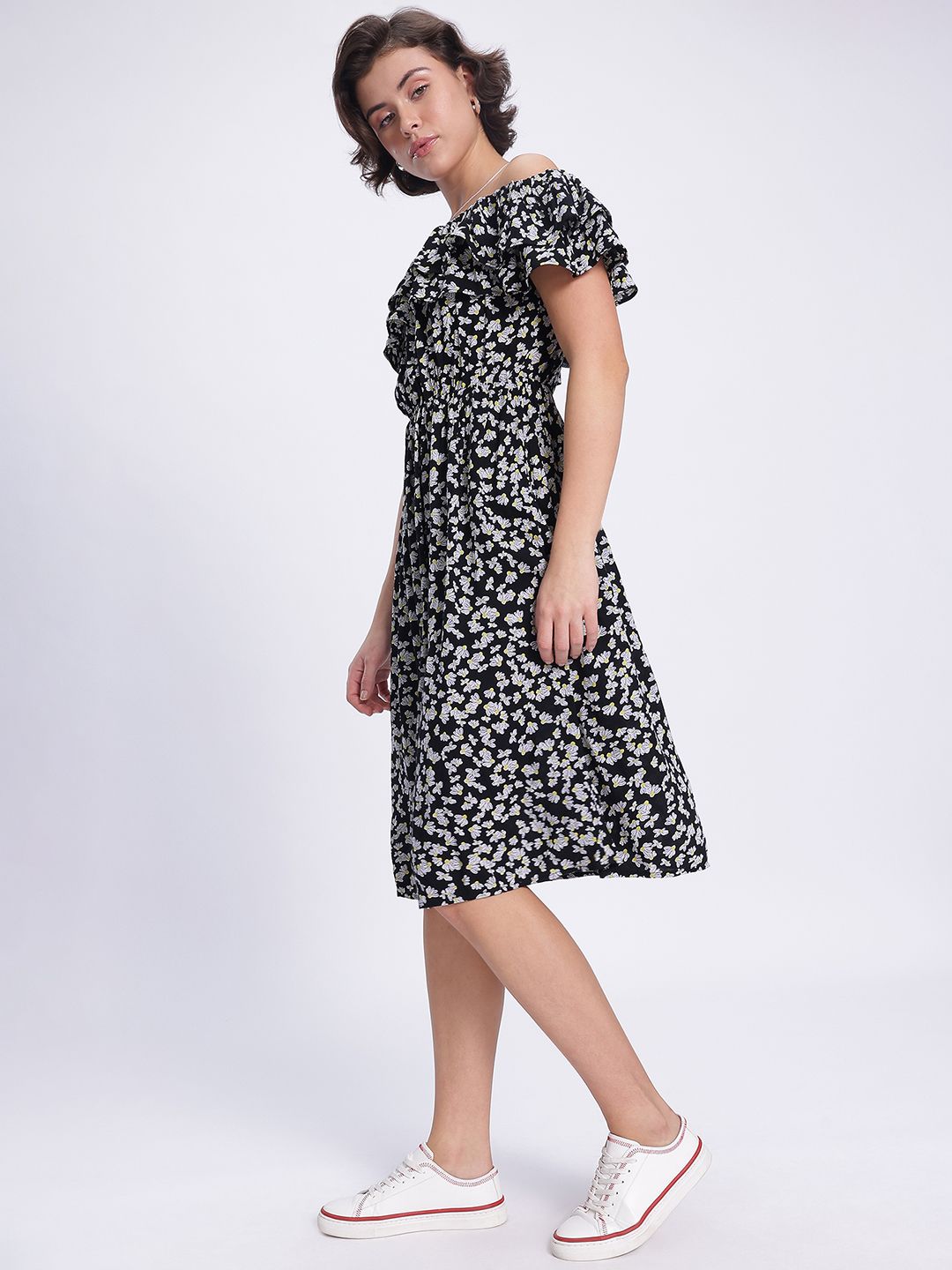 DressBerry Monochrome Florals Off-Shoulder A-Line Midi Dress