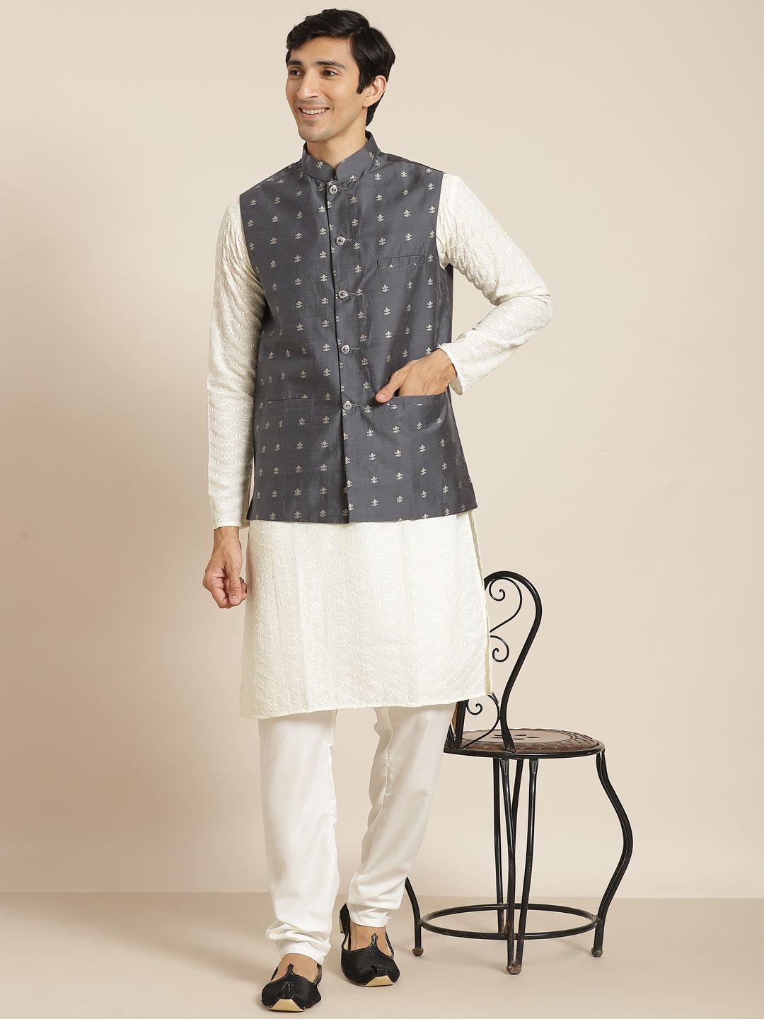 SOJANYA Men Cream-Coloured Chikankari Pure Cotton Kurta with Churidar & Nehru Jacket
