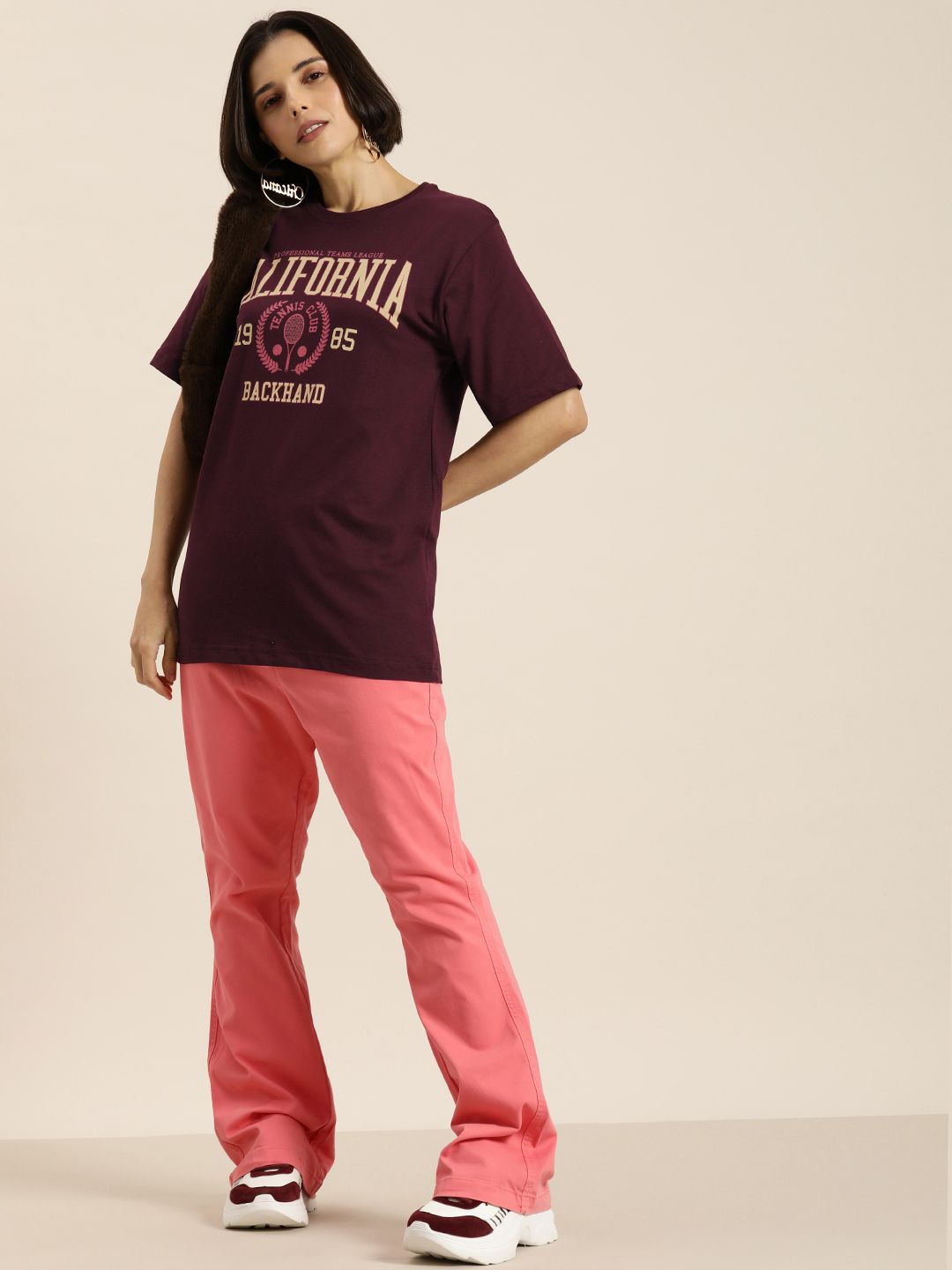 DILLINGER Women Burgundy & Cream-Coloured Typography Pure Cotton Oversized T-shirt
