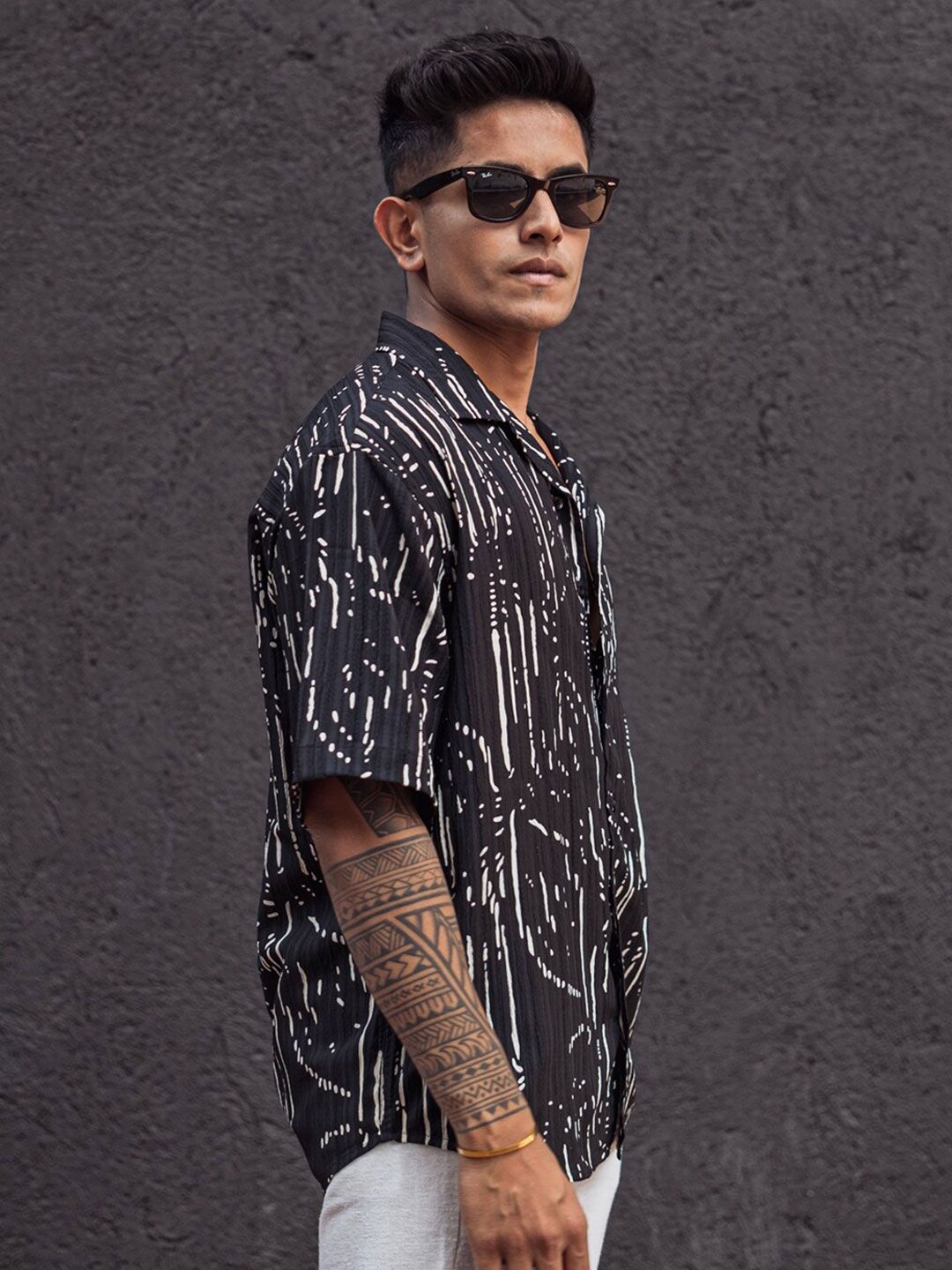 Powerlook Men Cuban Collar Abstract Printed Opaque Casual Shirt