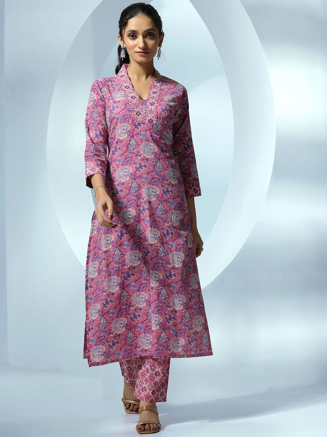 Libas Women Ethnic Motifs Printed Regular Beads and Stones Pure Cotton Kurta with Trousers