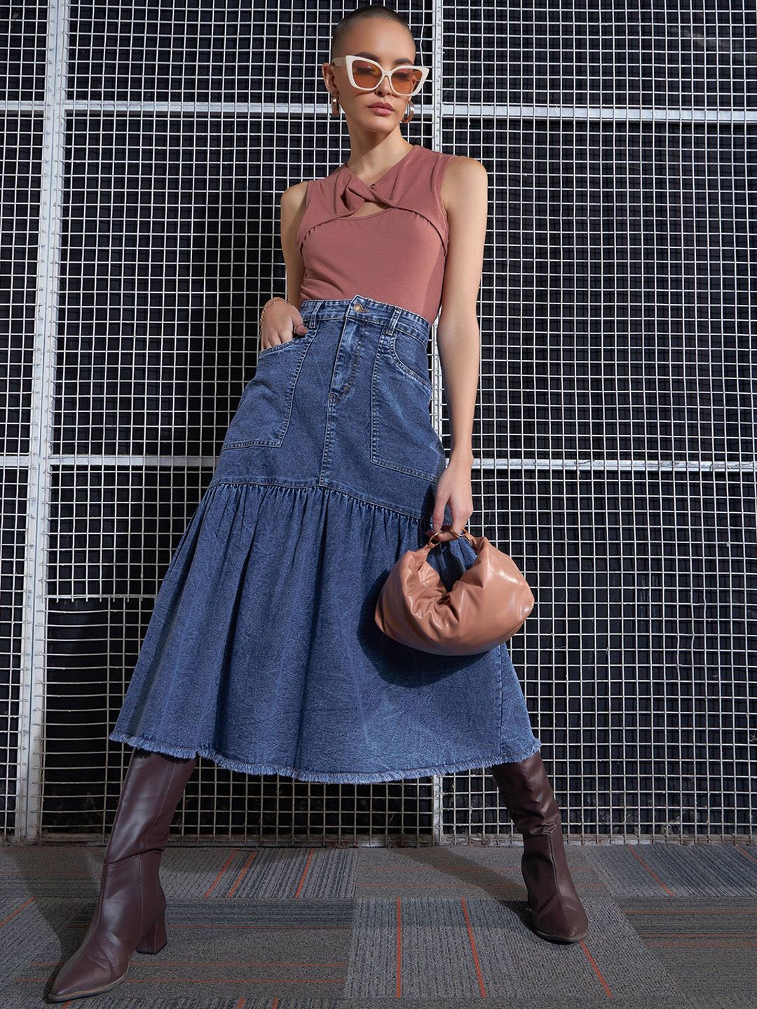 SASSAFRAS Denim Midi Flared Skirt
