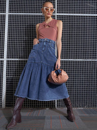 SASSAFRAS Denim Midi Flared Skirt