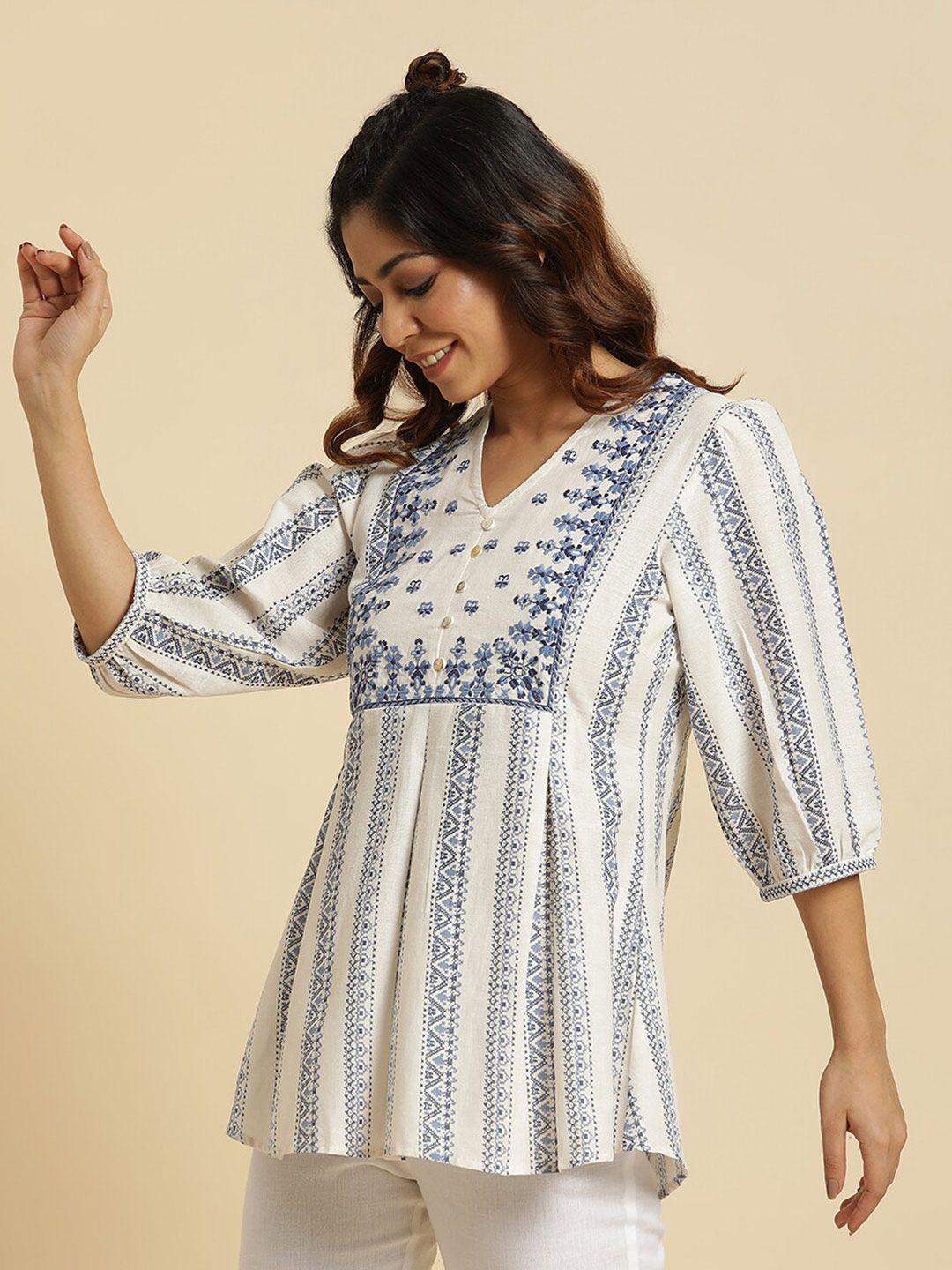 W White Geometric Printed V-Neck Cotton A-Line Longline Top