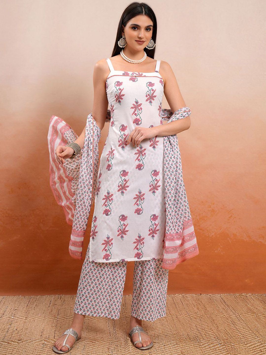 Vishudh White Printed Shoulder Straps Pure Cotton Straight Kurta With Palazzos & Dupatta