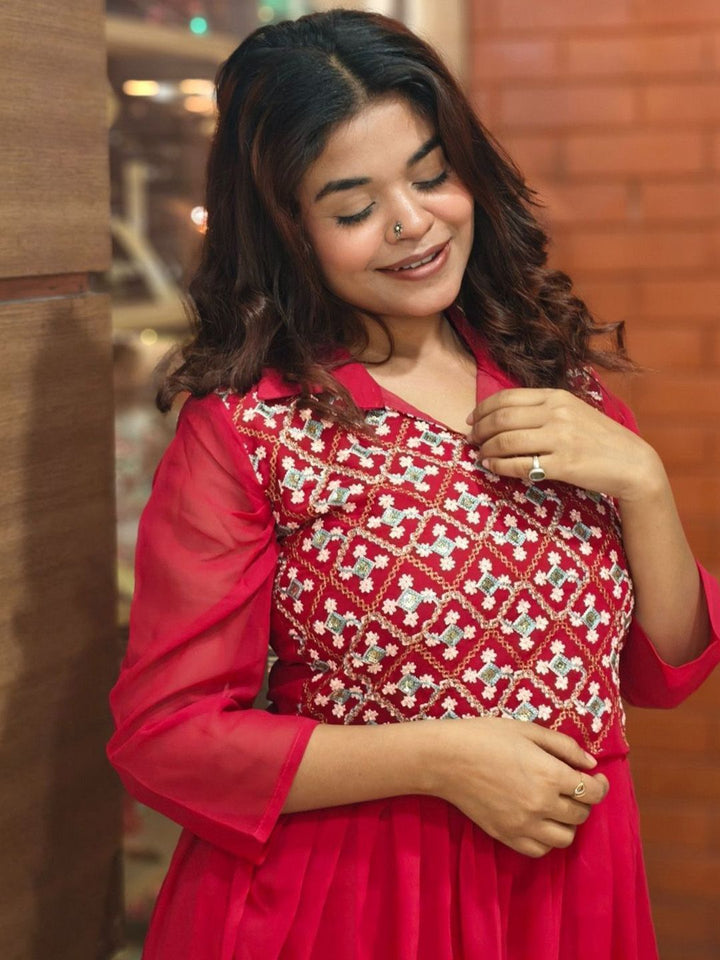 KALINI Woven Designed Embroidered Three Fourth Ethnic Dresses