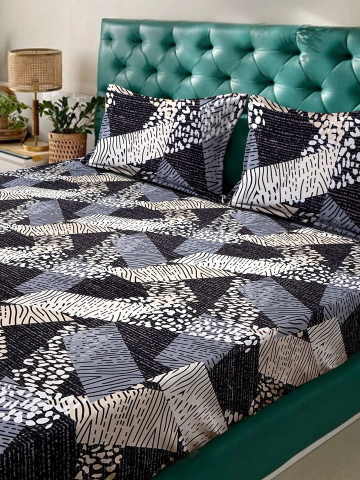 Myntra Elegant Homes Black & Brown Geometric 300 TC Bedsheet with 2 Pillow Covers