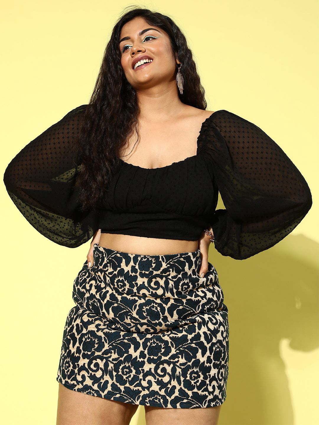 Berrylush Curve Plus Size Bishop Sleeves Chiffon Crop Top