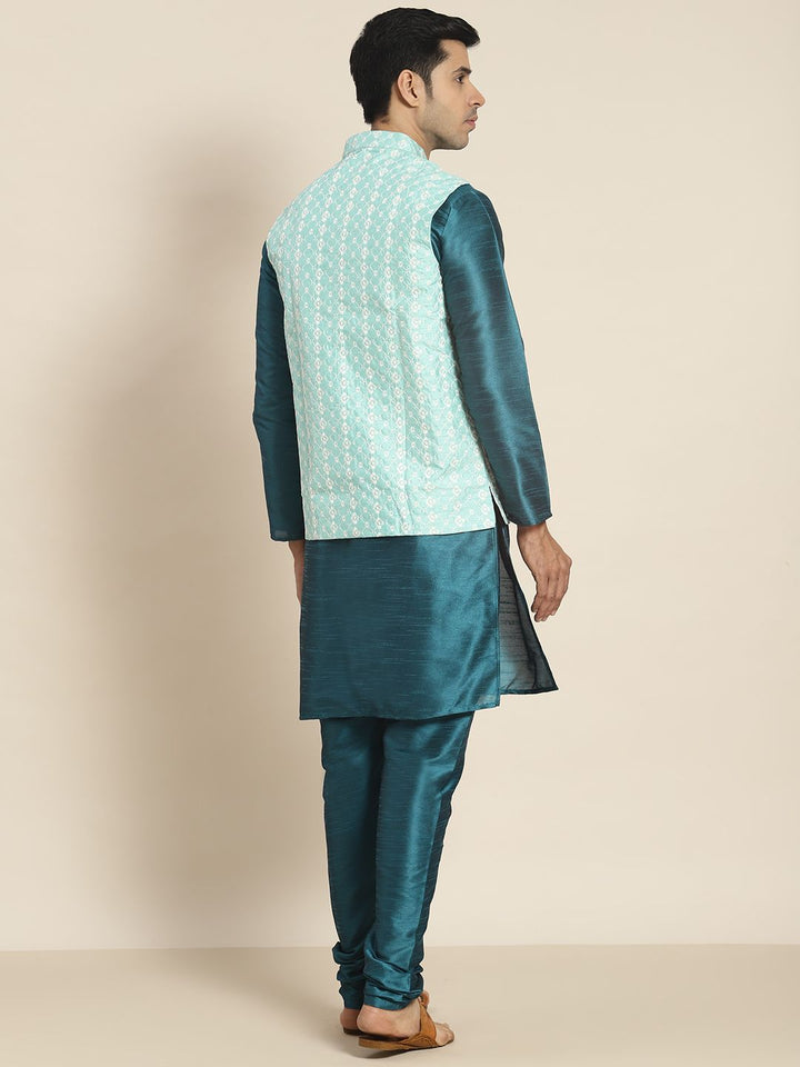 SOJANYA Men Teal Ethnic Motifs Embroidered Kurta with Churidar