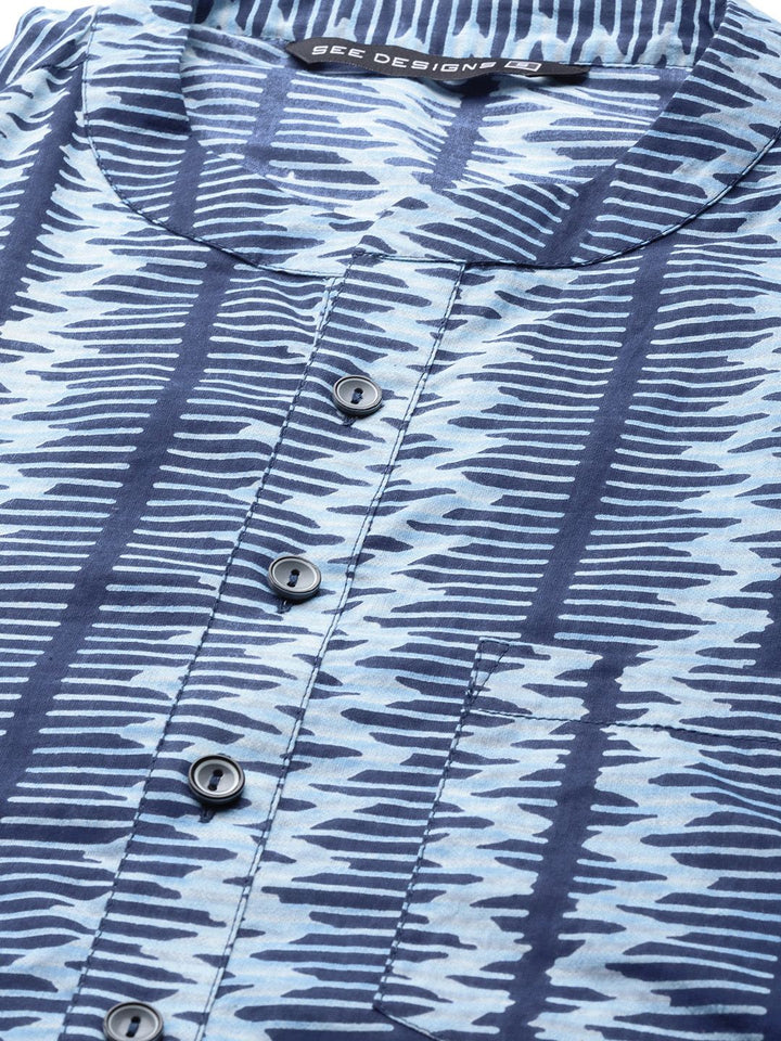 See Designs Men Blue Geometric Print Block Print Handloom Pure Cotton Straight Kurta