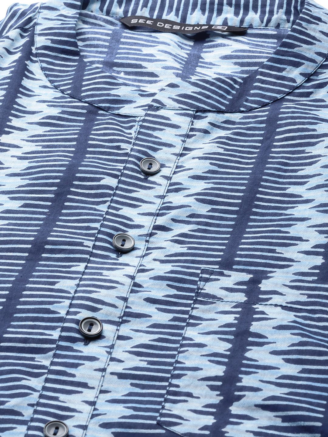 See Designs Men Blue Geometric Print Block Print Handloom Pure Cotton Straight Kurta