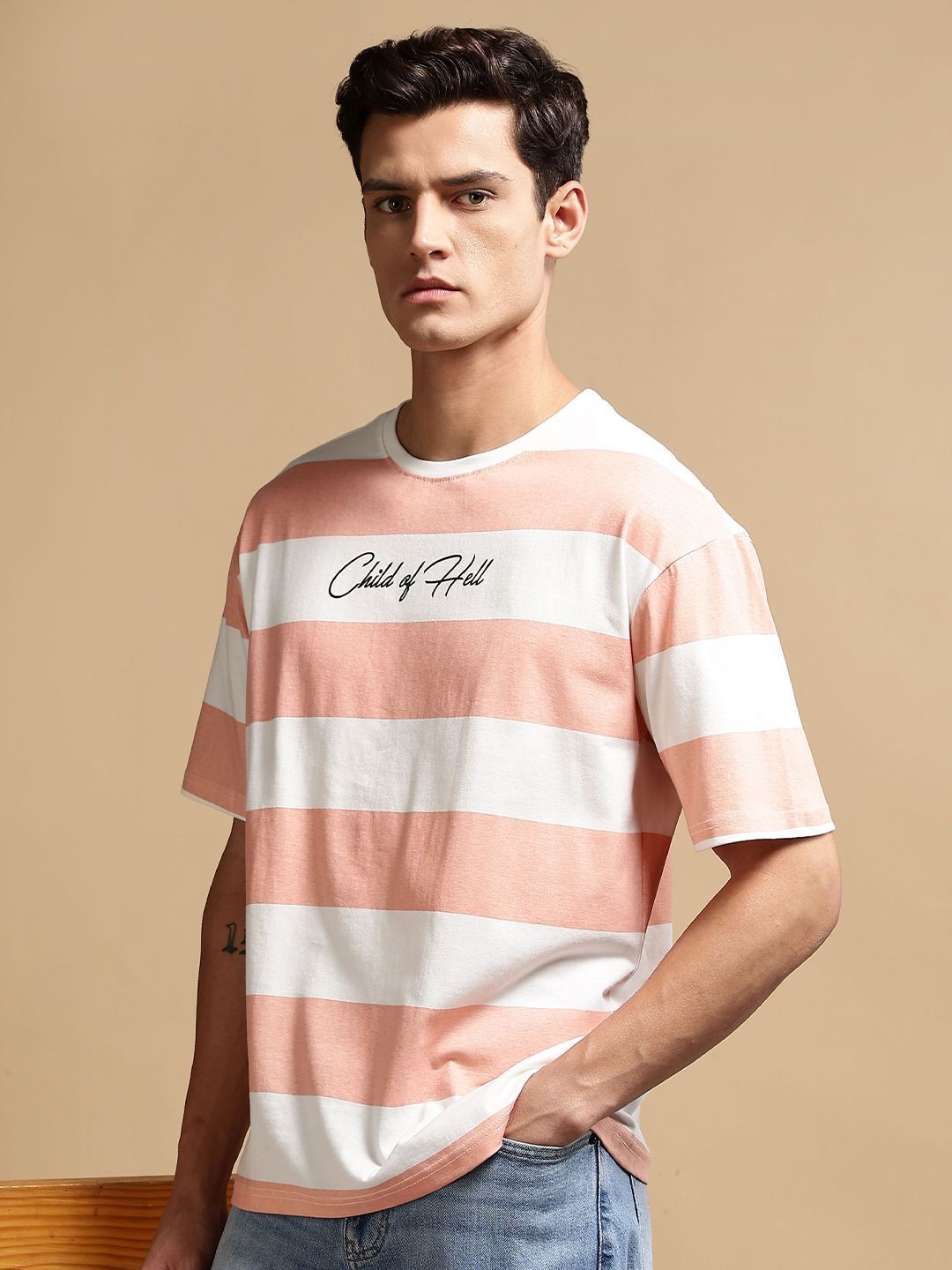 Eszett Men Child Hell Tshirt Striped Cotton Leher Bulat Kemeja-T Fit Oversized