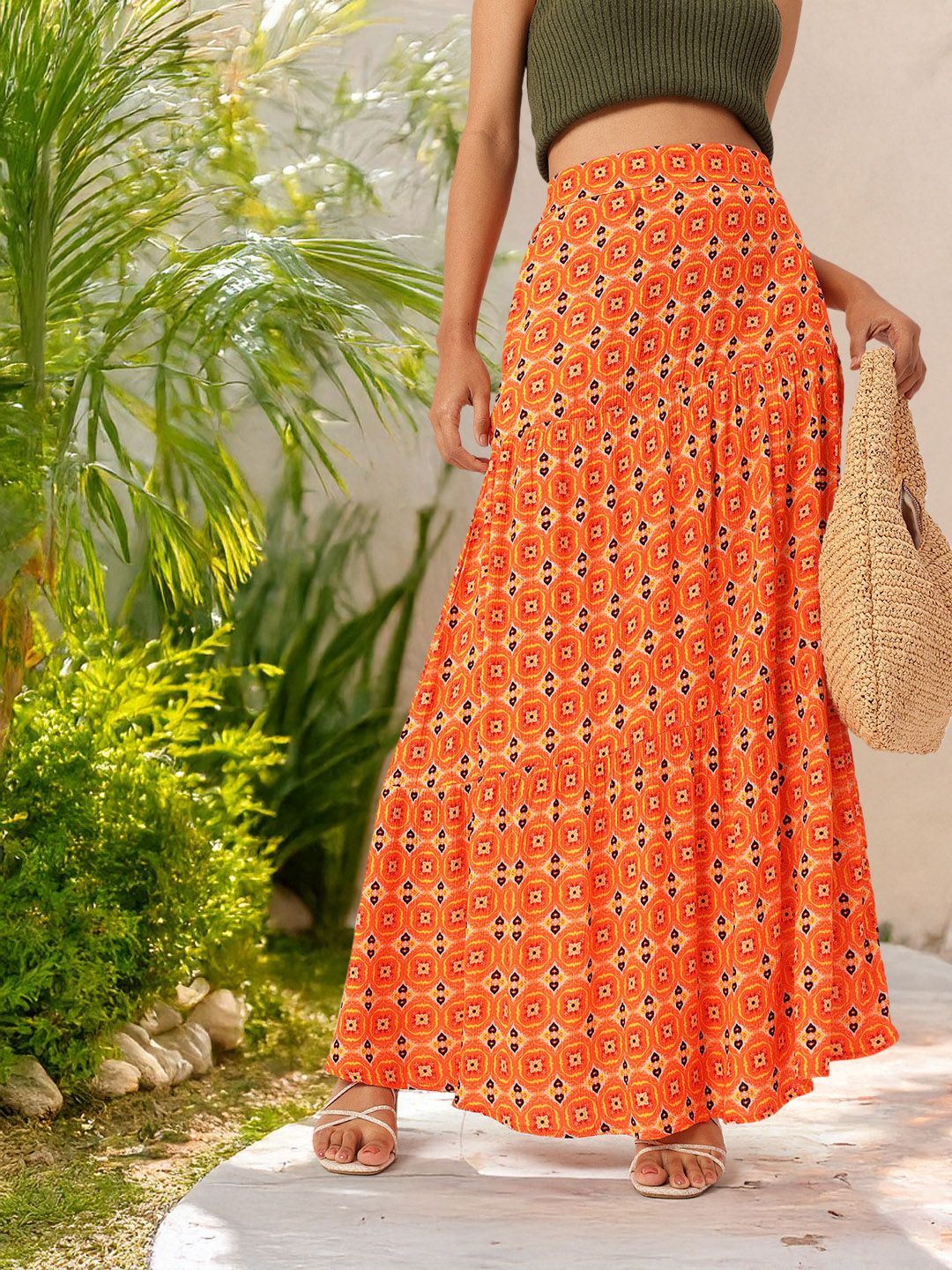 DressBerry Women Heritage Printed Maxi Tiered Skirt