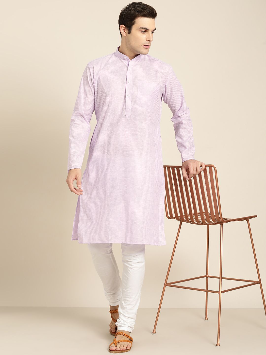 SOJANYA Men Lavender & White Striped Straight Kurta