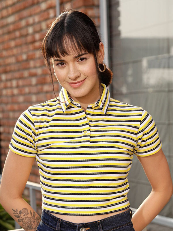 STREET 9 Yellow & White Striped Polo Collar Crop Pure Cotton T-shirt