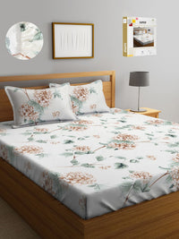 KLOTTHE Off White Floral Polycotton 300 TC Dilengkapi Cadar King Halus dengan 2 Sarung Bantal-98 x 87 inci