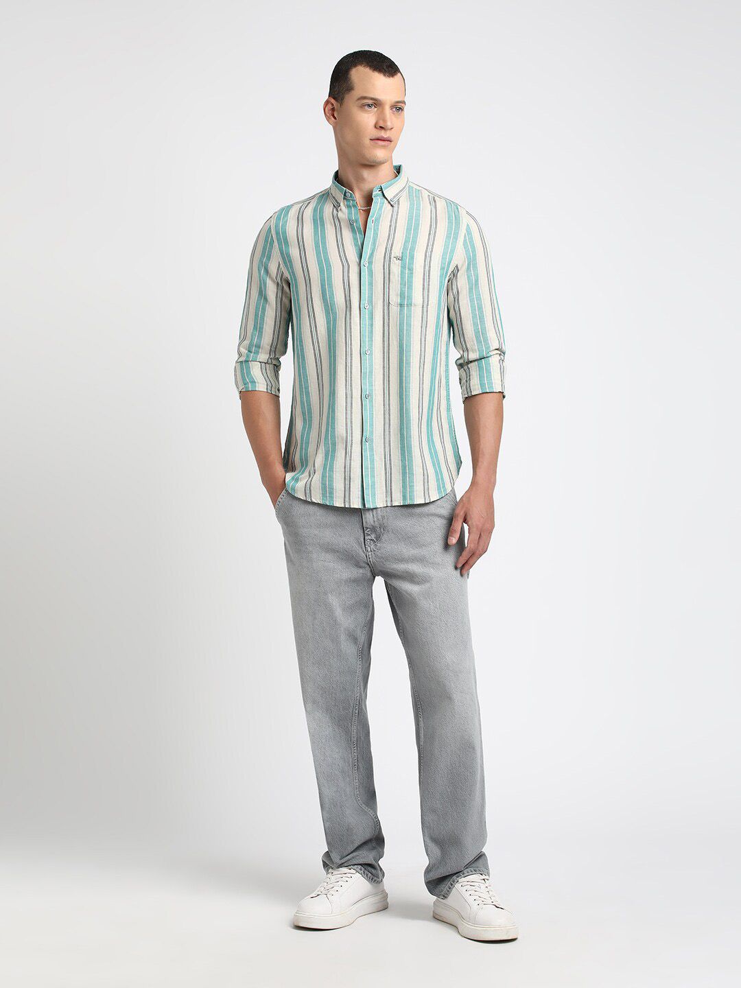 THE BEAR HOUSE Button-Down Collar Slim Fit Striped Casual Cotton Linen Shirt