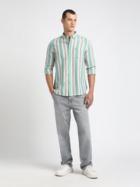 THE BEAR HOUSE Button-Down Collar Slim Fit Striped Casual Cotton Linen Shirt