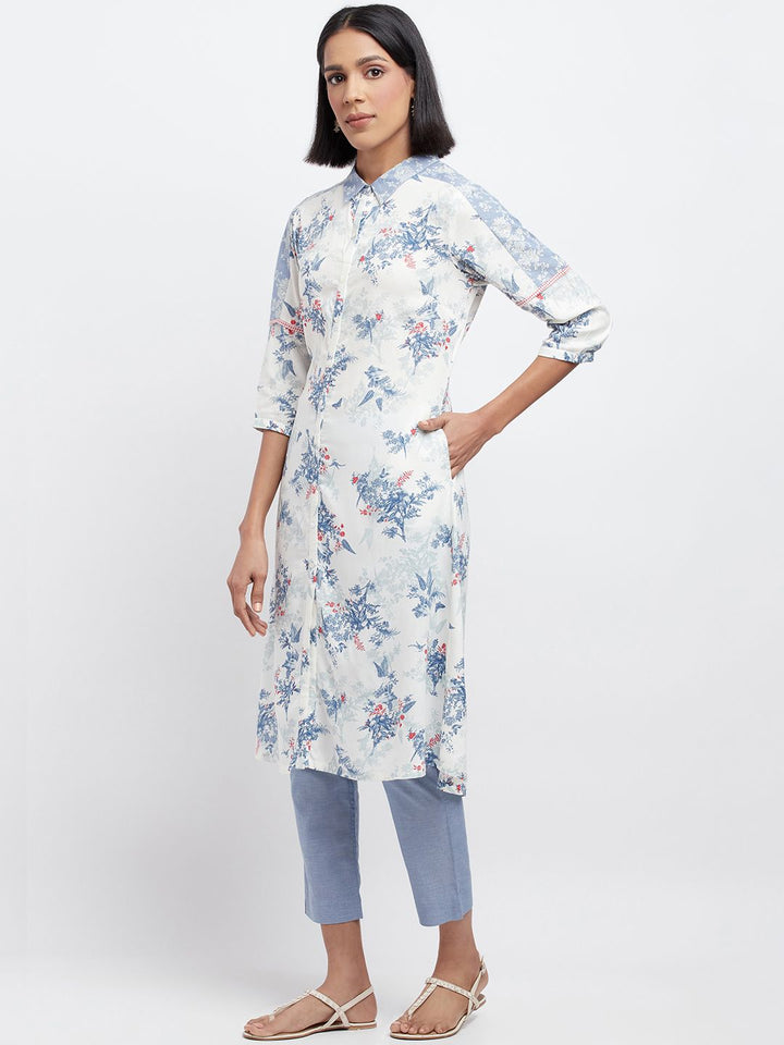 W Women Floral Printed Shirt Collar Kurta