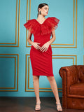 SASSAFRAS Red V-Neck Flutter Sleeve Ruffles Detail Sheath Dress