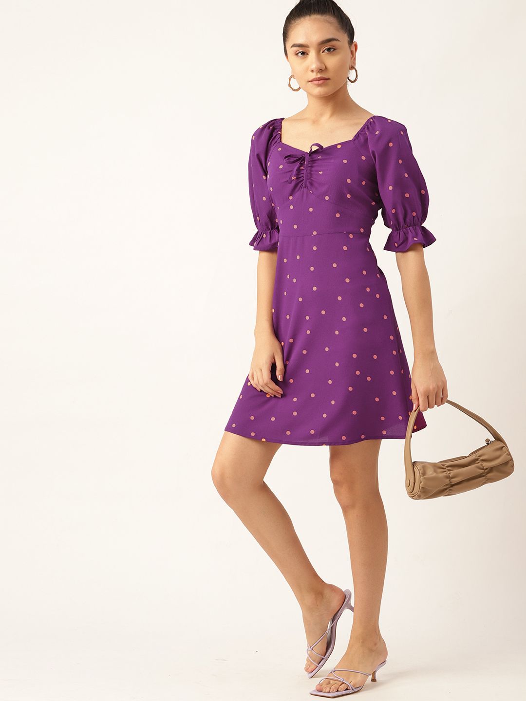 DressBerry Purple & Orange Polka Dots Printed A-Line Dress