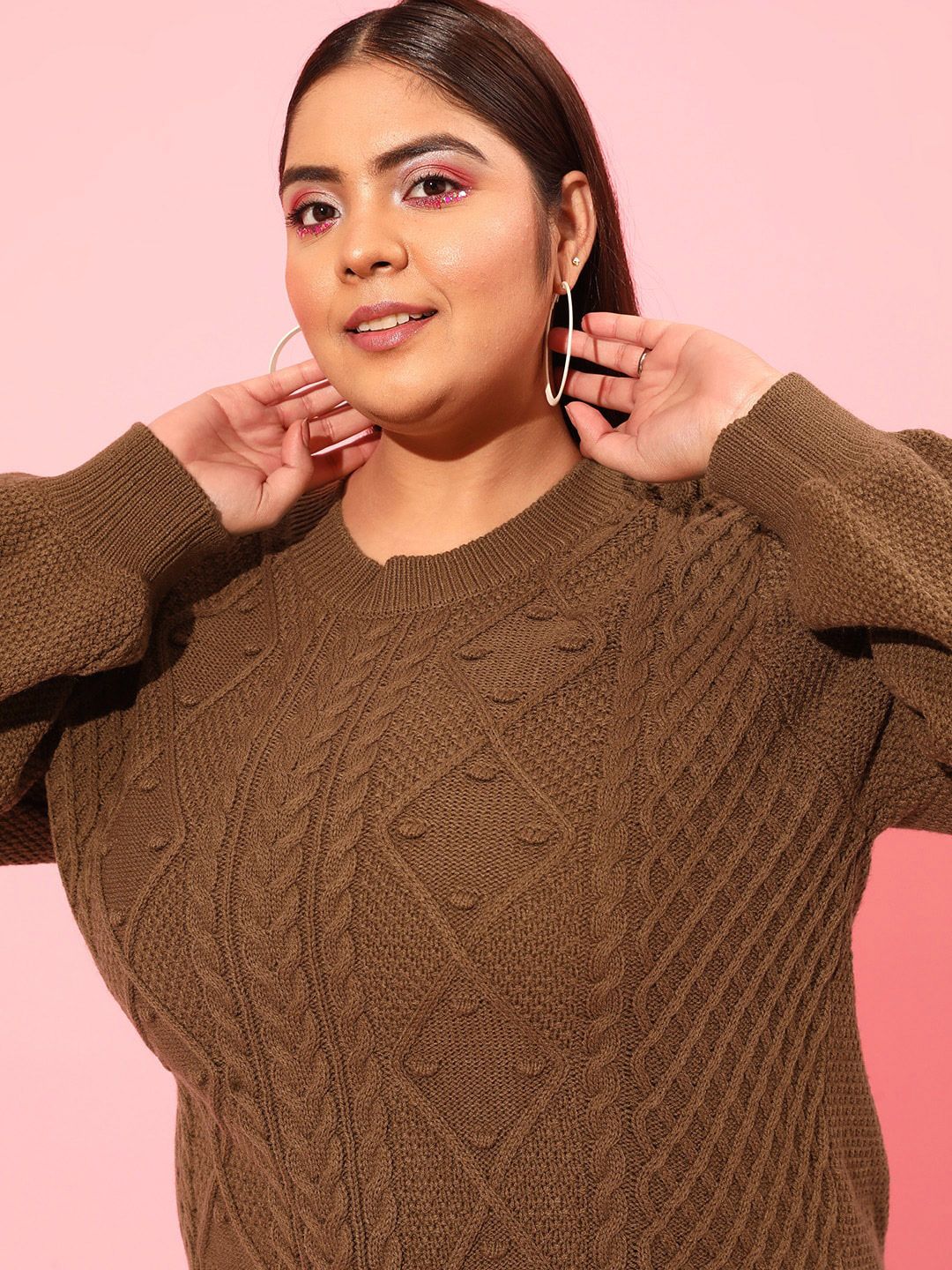 CURVY STREET Plus Size Women Brown Cable Knit Acrylic Pullover