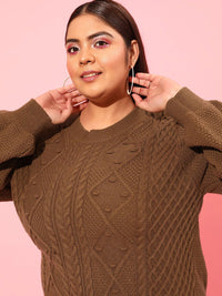 CURVY STREET Plus Size Women Brown Cable Knit Acrylic Pullover