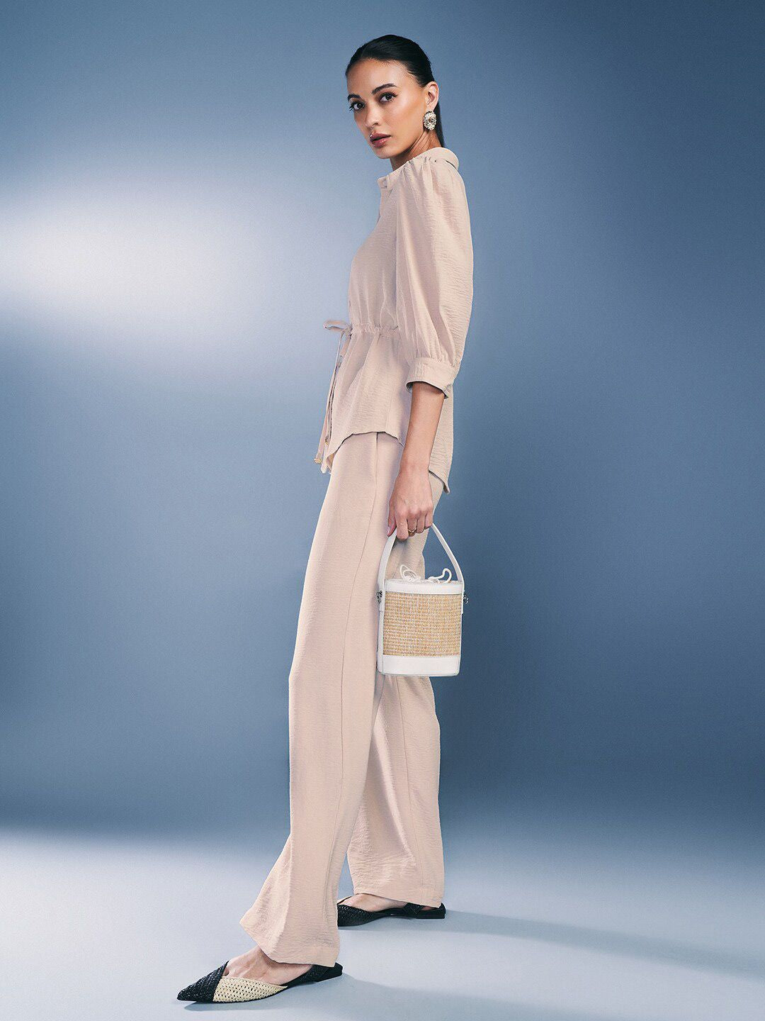 AND Shirt Collar Three-Quarter Sleeves Top & Trousers
