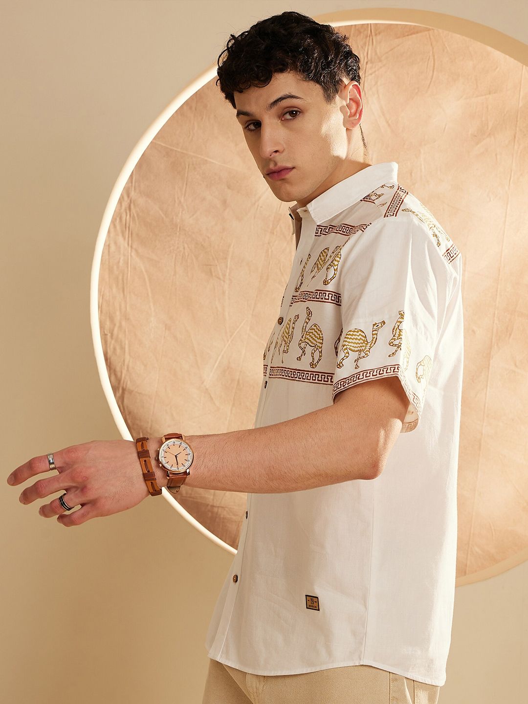 DENNISON Smart Ethnic Motifs Printed Spread Collar Oversized Cotton Casual Shirt
