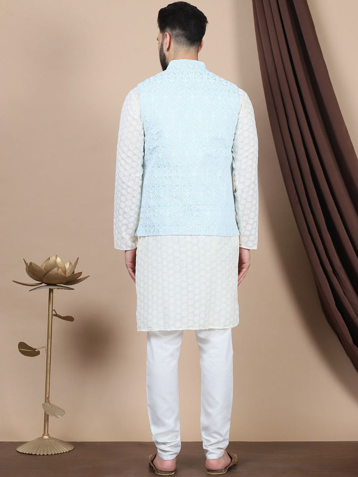 Anouk Floral Embroidered Regular Pure Cotton Straight Kurta With Churidar & Nehru Jacket