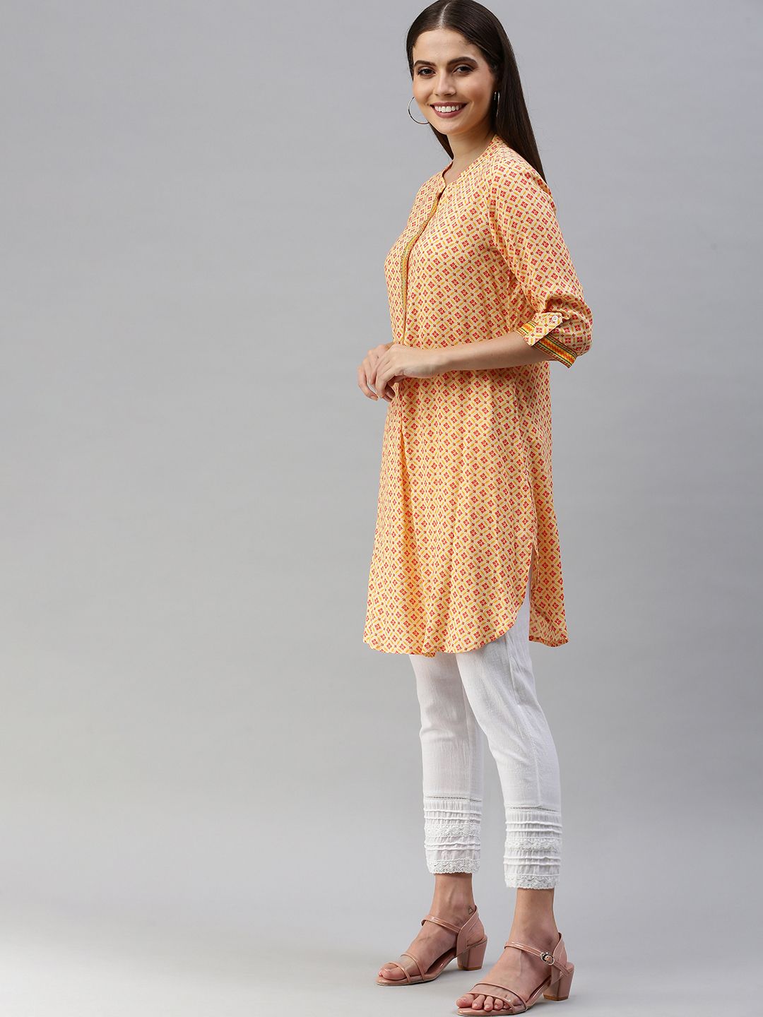 Global Desi Off White & Orange Viscose Printed Pleated Tunic
