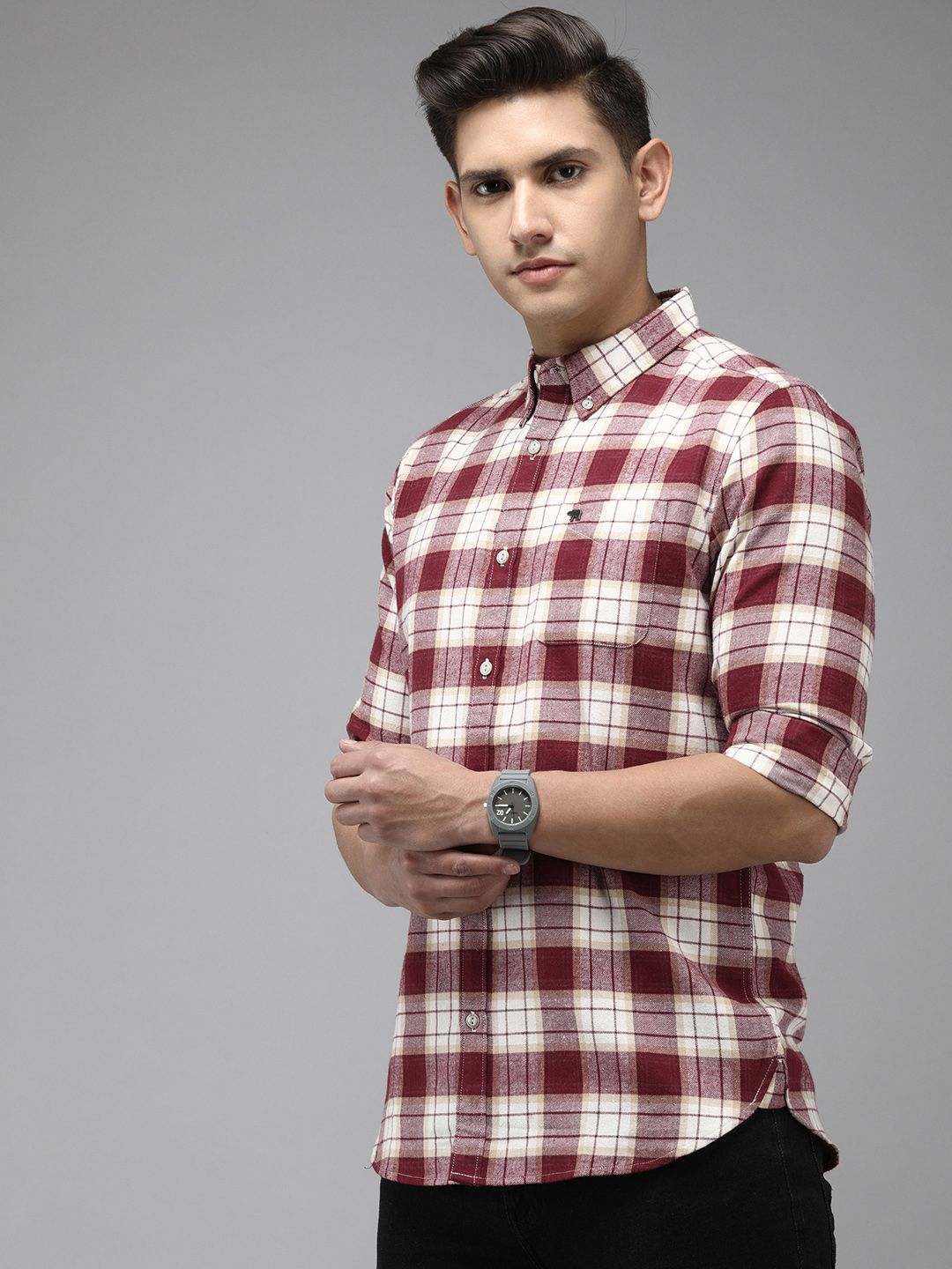 THE BEAR HOUSE Men Flannel Cotton Button-Down Slim Fit Tartan Checks Casual Shirt