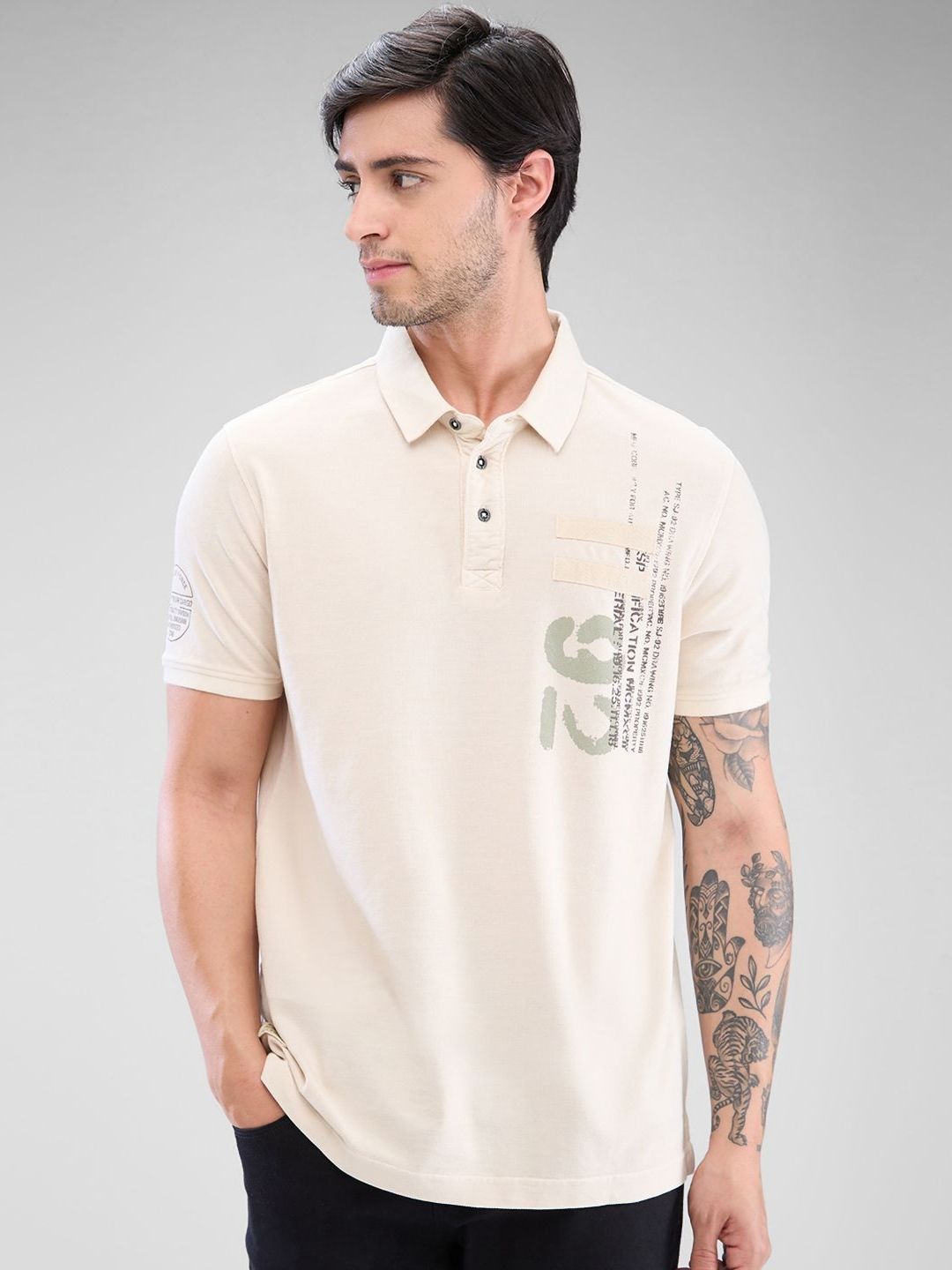 SPYKAR Men Typography Printed Polo Collar Slim Fit Pure Cotton T-shirt
