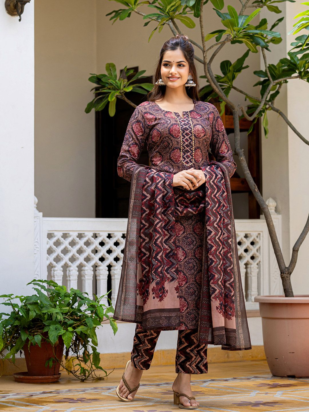 KALINI Geometric Printed Notch Neck Kurta With Trousers & Dupatta