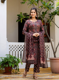 KALINI Geometric Printed Notch Neck Kurta With Trousers & Dupatta