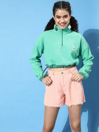 STREET 9 Women Enchanting Sea Green Solid Cropped Sweatshirt